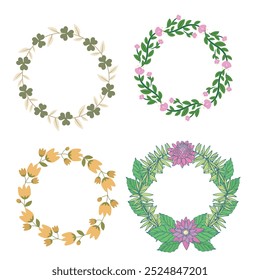 Colección de bonitas y suaves decoraciones navideñas: corona redonda y ramos con Plantillas circulares. Ilustración plana moderna: hojas, flores, ramas de pino, muérdago con bayas. Vector