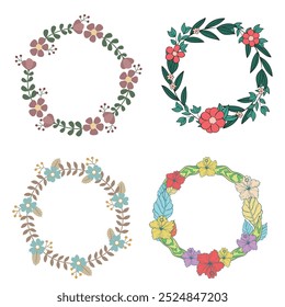 Colección de bonitas y suaves decoraciones navideñas: corona redonda y ramos con Plantillas circulares. Ilustración plana moderna: hojas, flores, ramas de pino, muérdago con bayas. Vector