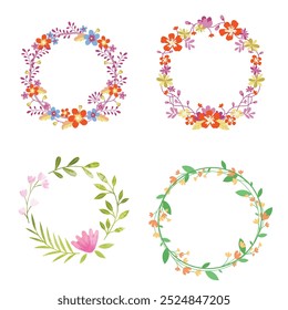 Colección de bonitas y suaves decoraciones navideñas: corona redonda y ramos con Plantillas circulares. Ilustración plana moderna: hojas, flores, ramas de pino, muérdago con bayas. Vector