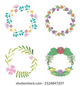 Colección de bonitas y suaves decoraciones navideñas: corona redonda y ramos con Plantillas circulares. Ilustración plana moderna: hojas, flores, ramas de pino, muérdago con bayas. Vector