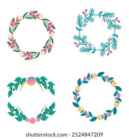 Colección de bonitas y suaves decoraciones navideñas: corona redonda y ramos con Plantillas circulares. Ilustración plana moderna: hojas, flores, ramas de pino, muérdago con bayas. Vector