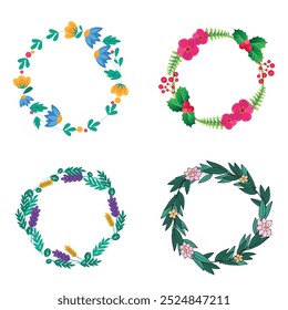 Colección de bonitas y suaves decoraciones navideñas: corona redonda y ramos con Plantillas circulares. Ilustración plana moderna: hojas, flores, ramas de pino, muérdago con bayas. Vector