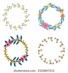 Colección de bonitas y suaves decoraciones navideñas: corona redonda y ramos con Plantillas circulares. Ilustración plana moderna: hojas, flores, ramas de pino, muérdago con bayas. Vector