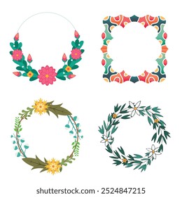 Colección de bonitas y suaves decoraciones navideñas: corona redonda y ramos con Plantillas circulares. Ilustración plana moderna: hojas, flores, ramas de pino, muérdago con bayas. Vector