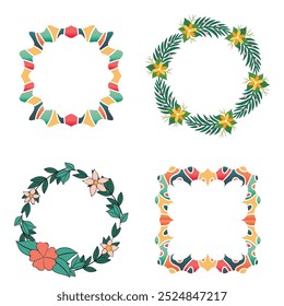 Colección de bonitas y suaves decoraciones navideñas: corona redonda y ramos con Plantillas circulares. Ilustración plana moderna: hojas, flores, ramas de pino, muérdago con bayas. Vector