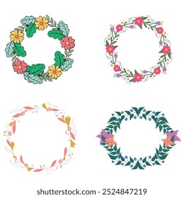 Colección de bonitas y suaves decoraciones navideñas: corona redonda y ramos con Plantillas circulares. Ilustración plana moderna: hojas, flores, ramas de pino, muérdago con bayas. Vector