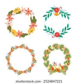 Colección de bonitas y suaves decoraciones navideñas: corona redonda y ramos con Plantillas circulares. Ilustración plana moderna: hojas, flores, ramas de pino, muérdago con bayas. Vector