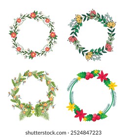 Colección de bonitas y suaves decoraciones navideñas: corona redonda y ramos con Plantillas circulares. Ilustración plana moderna: hojas, flores, ramas de pino, muérdago con bayas. Vector