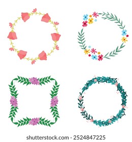 Colección de bonitas y suaves decoraciones navideñas: corona redonda y ramos con Plantillas circulares. Ilustración plana moderna: hojas, flores, ramas de pino, muérdago con bayas. Vector