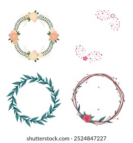 Colección de bonitas y suaves decoraciones navideñas: corona redonda y ramos con Plantillas circulares. Ilustración plana moderna: hojas, flores, ramas de pino, muérdago con bayas. Vector