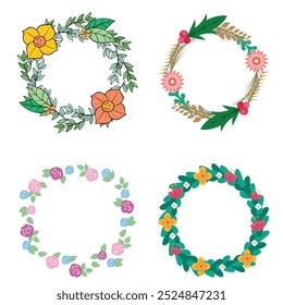 Colección de bonitas y suaves decoraciones navideñas: corona redonda y ramos con Plantillas circulares. Ilustración plana moderna: hojas, flores, ramas de pino, muérdago con bayas. Vector