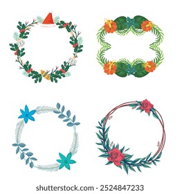 Colección de bonitas y suaves decoraciones navideñas: corona redonda y ramos con Plantillas circulares. Ilustración plana moderna: hojas, flores, ramas de pino, muérdago con bayas. Vector