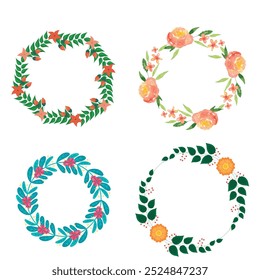 Colección de bonitas y suaves decoraciones navideñas: corona redonda y ramos con Plantillas circulares. Ilustración plana moderna: hojas, flores, ramas de pino, muérdago con bayas. Vector