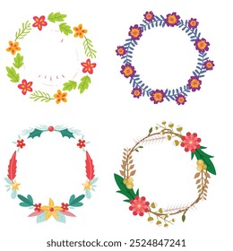 Colección de bonitas y suaves decoraciones navideñas: corona redonda y ramos con Plantillas circulares. Ilustración plana moderna: hojas, flores, ramas de pino, muérdago con bayas. Vector