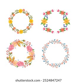 Colección de bonitas y suaves decoraciones navideñas: corona redonda y ramos con Plantillas circulares. Ilustración plana moderna: hojas, flores, ramas de pino, muérdago con bayas. Vector