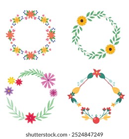 Colección de bonitas y suaves decoraciones navideñas: corona redonda y ramos con Plantillas circulares. Ilustración plana moderna: hojas, flores, ramas de pino, muérdago con bayas. Vector