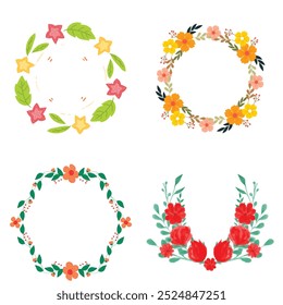 Colección de bonitas y suaves decoraciones navideñas: corona redonda y ramos con Plantillas circulares. Ilustración plana moderna: hojas, flores, ramas de pino, muérdago con bayas. Vector