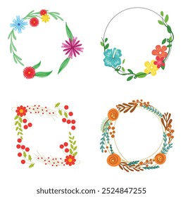 Colección de bonitas y suaves decoraciones navideñas: corona redonda y ramos con Plantillas circulares. Ilustración plana moderna: hojas, flores, ramas de pino, muérdago con bayas. Vector