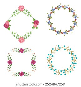 Colección de bonitas y suaves decoraciones navideñas: corona redonda y ramos con Plantillas circulares. Ilustración plana moderna: hojas, flores, ramas de pino, muérdago con bayas. Vector