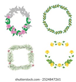 Colección de bonitas y suaves decoraciones navideñas: corona redonda y ramos con Plantillas circulares. Ilustración plana moderna: hojas, flores, ramas de pino, muérdago con bayas. Vector