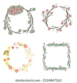 Colección de bonitas y suaves decoraciones navideñas: corona redonda y ramos con Plantillas circulares. Ilustración plana moderna: hojas, flores, ramas de pino, muérdago con bayas. Vector