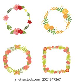 Colección de bonitas y suaves decoraciones navideñas: corona redonda y ramos con Plantillas circulares. Ilustración plana moderna: hojas, flores, ramas de pino, muérdago con bayas. Vector