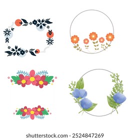 Colección de bonitas y suaves decoraciones navideñas: corona redonda y ramos con Plantillas circulares. Ilustración plana moderna: hojas, flores, ramas de pino, muérdago con bayas. Vector