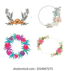 Colección de bonitas y suaves decoraciones navideñas: corona redonda y ramos con Plantillas circulares. Ilustración plana moderna: hojas, flores, ramas de pino, muérdago con bayas. Vector