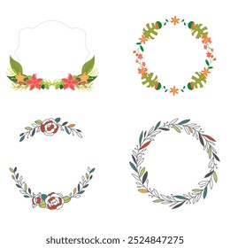 Colección de bonitas y suaves decoraciones navideñas: corona redonda y ramos con Plantillas circulares. Ilustración plana moderna: hojas, flores, ramas de pino, muérdago con bayas. Vector