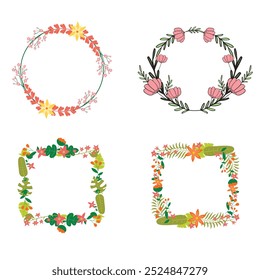 Colección de bonitas y suaves decoraciones navideñas: corona redonda y ramos con Plantillas circulares. Ilustración plana moderna: hojas, flores, ramas de pino, muérdago con bayas. Vector