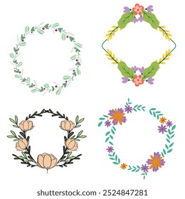 Colección de bonitas y suaves decoraciones navideñas: corona redonda y ramos con Plantillas circulares. Ilustración plana moderna: hojas, flores, ramas de pino, muérdago con bayas. Vector