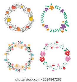 Colección de bonitas y suaves decoraciones navideñas: corona redonda y ramos con Plantillas circulares. Ilustración plana moderna: hojas, flores, ramas de pino, muérdago con bayas. Vector