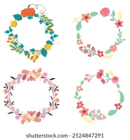 Colección de bonitas y suaves decoraciones navideñas: corona redonda y ramos con Plantillas circulares. Ilustración plana moderna: hojas, flores, ramas de pino, muérdago con bayas. Vector