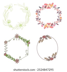 Colección de bonitas y suaves decoraciones navideñas: corona redonda y ramos con Plantillas circulares. Ilustración plana moderna: hojas, flores, ramas de pino, muérdago con bayas. Vector