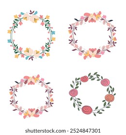 Colección de bonitas y suaves decoraciones navideñas: corona redonda y ramos con Plantillas circulares. Ilustración plana moderna: hojas, flores, ramas de pino, muérdago con bayas. Vector