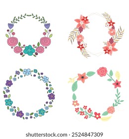 Colección de bonitas y suaves decoraciones navideñas: corona redonda y ramos con Plantillas circulares. Ilustración plana moderna: hojas, flores, ramas de pino, muérdago con bayas. Vector