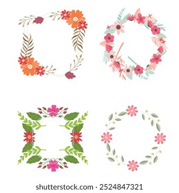 Colección de bonitas y suaves decoraciones navideñas: corona redonda y ramos con Plantillas circulares. Ilustración plana moderna: hojas, flores, ramas de pino, muérdago con bayas. Vector