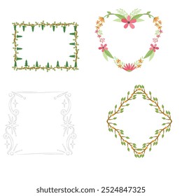 Colección de bonitas y suaves decoraciones navideñas: corona redonda y ramos con Plantillas circulares. Ilustración plana moderna: hojas, flores, ramas de pino, muérdago con bayas. Vector