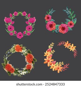 Colección de bonitas y suaves decoraciones navideñas: corona redonda y ramos con Plantillas circulares. Ilustración plana moderna: hojas, flores, ramas de pino, muérdago con bayas. Vector