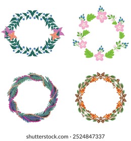 Colección de bonitas y suaves decoraciones navideñas: corona redonda y ramos con Plantillas circulares. Ilustración plana moderna: hojas, flores, ramas de pino, muérdago con bayas. Vector