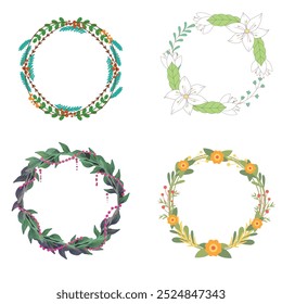 Colección de bonitas y suaves decoraciones navideñas: corona redonda y ramos con Plantillas circulares. Ilustración plana moderna: hojas, flores, ramas de pino, muérdago con bayas. Vector