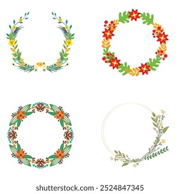 Colección de bonitas y suaves decoraciones navideñas: corona redonda y ramos con Plantillas circulares. Ilustración plana moderna: hojas, flores, ramas de pino, muérdago con bayas. Vector