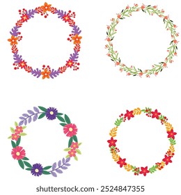 Collection of pretty and gentle Christmas decorations - round wreath and bouquets with circle templates. Modern flat illustration - leaves, flowers, pine branches, mistletoe sprig with berries. Vector