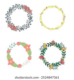 Colección de bonitas y suaves decoraciones navideñas: corona redonda y ramos con Plantillas circulares. Ilustración plana moderna: hojas, flores, ramas de pino, muérdago con bayas. Vector