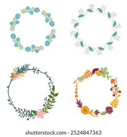 Colección de bonitas y suaves decoraciones navideñas: corona redonda y ramos con Plantillas circulares. Ilustración plana moderna: hojas, flores, ramas de pino, muérdago con bayas. Vector