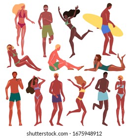 Collection of pretty men and woman in swimsuits. Young people in different poses, nationalities on the beach. Hand drawn vector drawings in cartoon flat style. Colorful elements set isolated on white.