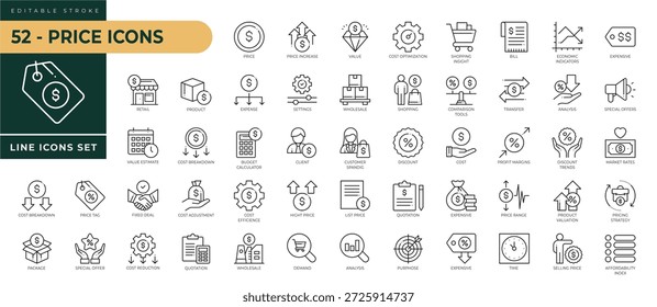 Una colección de iconos de Precio con trazo editable, incluyendo valor, gasto, cliente, altura, descuento, costo, factura, análisis, transferencia, cotización, demanda, reducción de costos. Ilustración vectorial lineal delgada