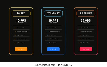 Collection of pricing plans for app and website. Tables with tariffs. Ui colums, web elements.