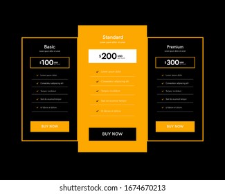 Collection of pricing plans for app and website. Tables with tariffs. Ui colums, web elements.