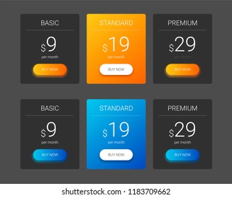 Collection of pricing plans for websites and applications. Hosting table banner. Vector illustration. Tablet with pricing list. 3 Versions Comparison. Dark template.